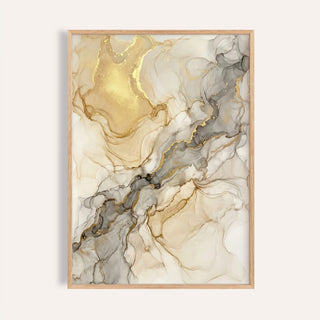 Framed print of beige abstract print with gold and grey watercolour swirls on a cream background