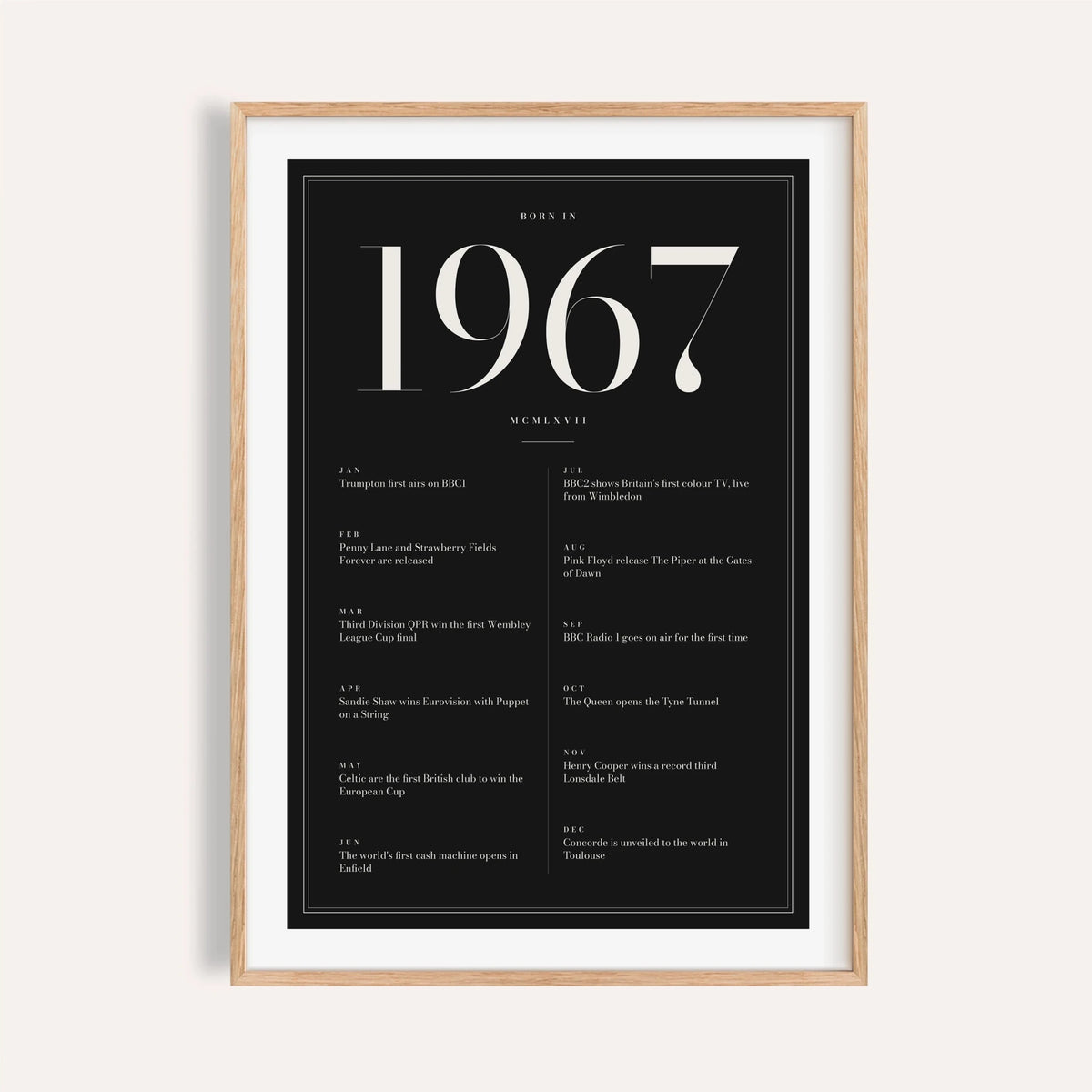 1967 year print in ivory numerals on black on a plain warm wall