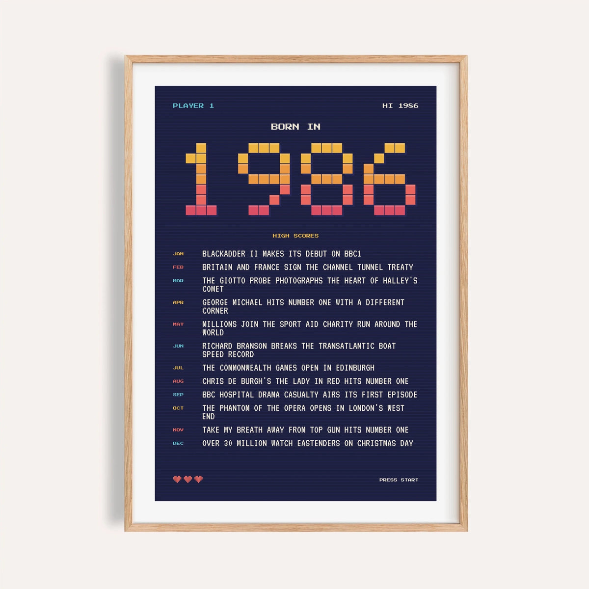 1986 pixel art print in arcade sunset colours on a plain warm wall