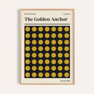 Liverpool print of The Golden Anchor with rows of gold dots on deep black