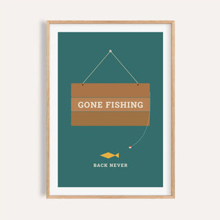 Gone fishing sign print shown on a plain warm cream wall