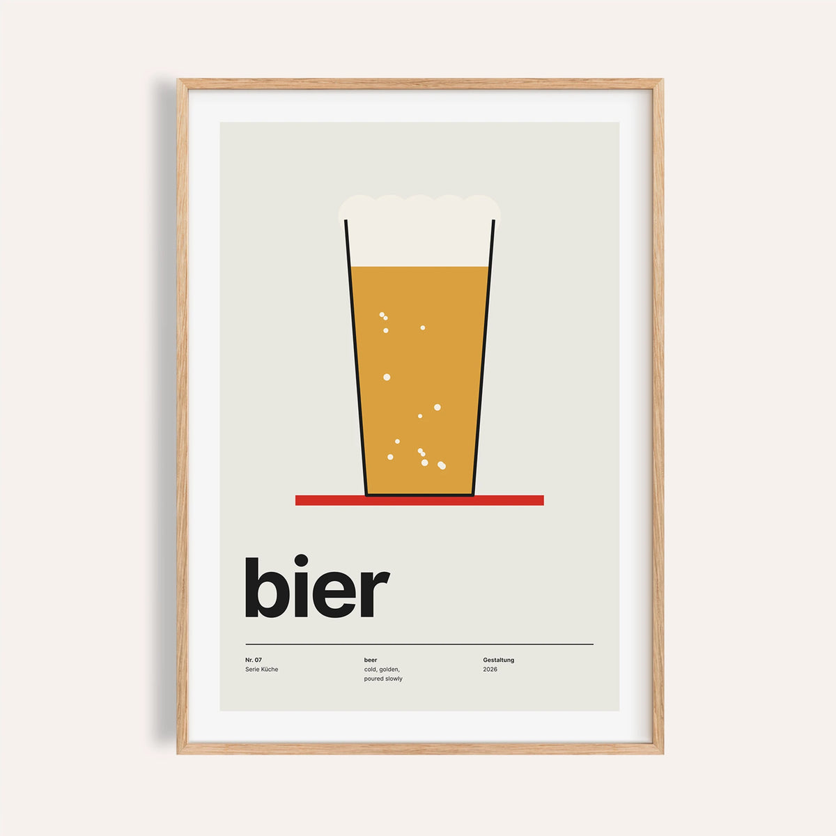 Pint of beer on a red coaster print shown on a plain warm wall
