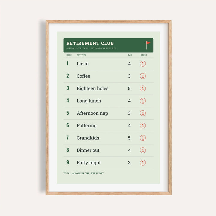 Retirement golf scorecard print shown on a plain warm cream wall