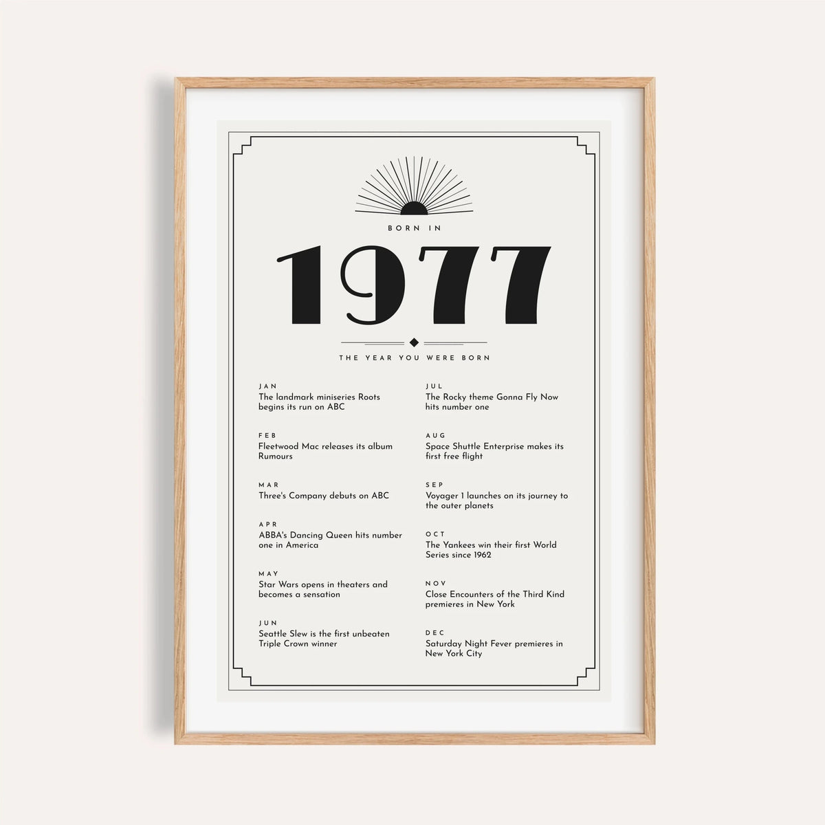 1977 Art Deco print in black on white on a plain warm wall