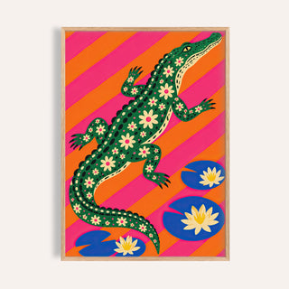 Daisy Crocodile print with a daisy covered emerald crocodile on pink and orange stripes
