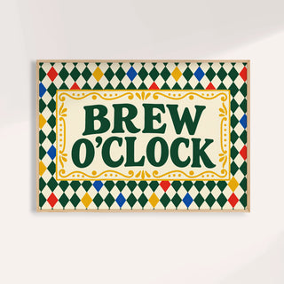 Tea print reading BREW O'CLOCK in green on a harlequin diamond pattern