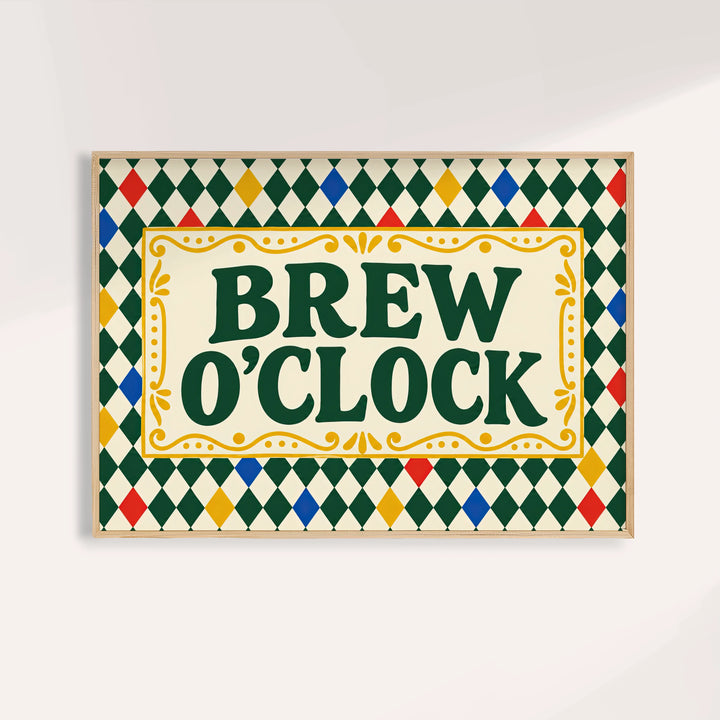 Tea print reading BREW O'CLOCK in green on a harlequin diamond pattern