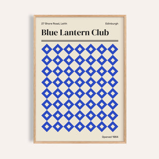 Edinburgh print of Blue Lantern Club with rows of cobalt blue diamonds on cream