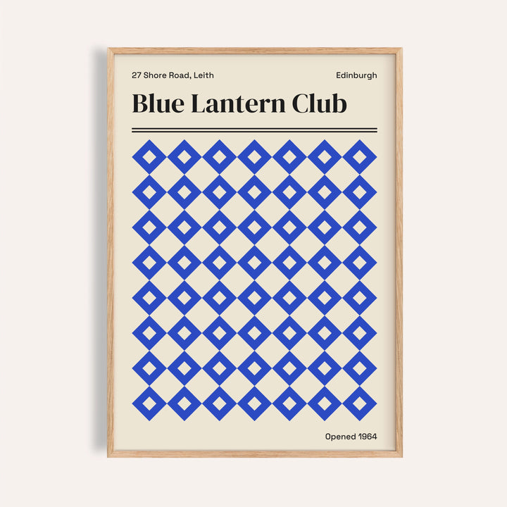 Edinburgh print of Blue Lantern Club with rows of cobalt blue diamonds on cream