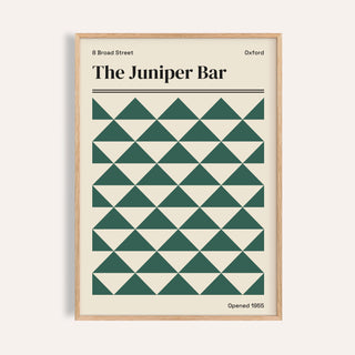 Oxford print of The Juniper Bar with rows of deep green triangles on cream