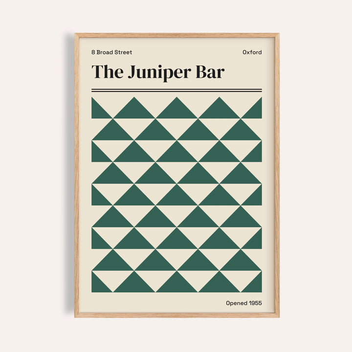 Oxford print of The Juniper Bar with rows of deep green triangles on cream