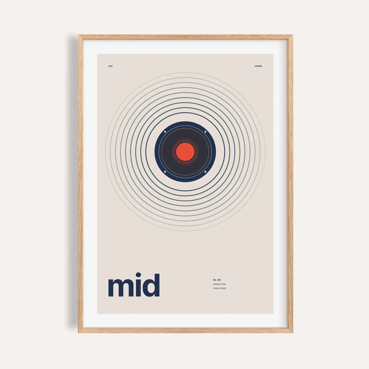 Mid range speaker with rings print shown on a plain warm wall