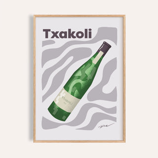 Txakoli poster of a tilted green wine bottle with a cream label on grey lilac waves