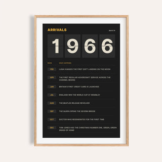 1966 print styled as a split flap arrivals board on a plain warm wall