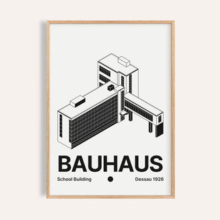 Bauhaus building poster of the Dessau school with a black glass curtain wall