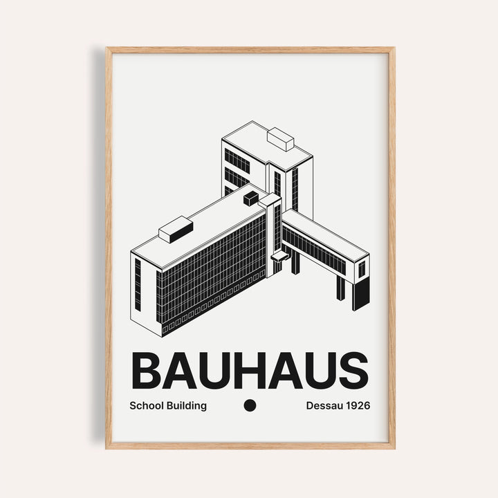 Bauhaus building poster of the Dessau school with a black glass curtain wall