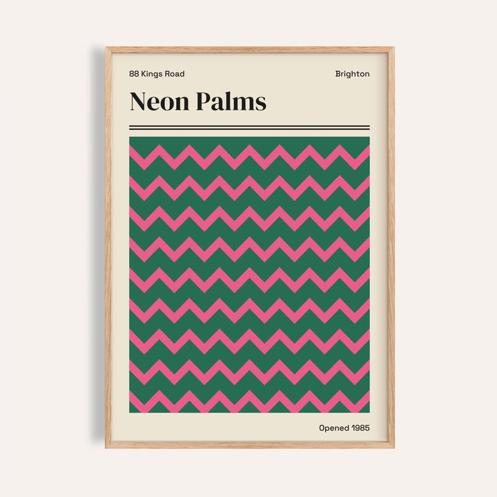 Brighton print of Neon Palms with hot pink zigzag lines on deep green