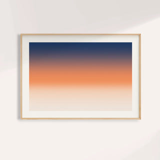 Ocean sunset poster fading from deep navy into a soft orange band and peach