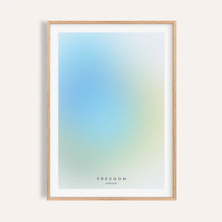 Sky blue and lime gradient print shown on a plain warm wall