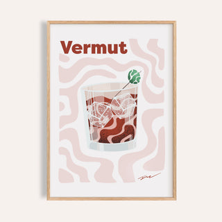Vermouth print of a glass of red vermut over ice with a green olive