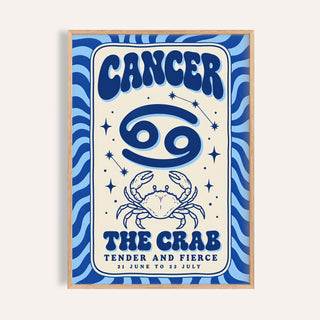Cancer zodiac poster for the Cancer star sign with a crab and blue stripes