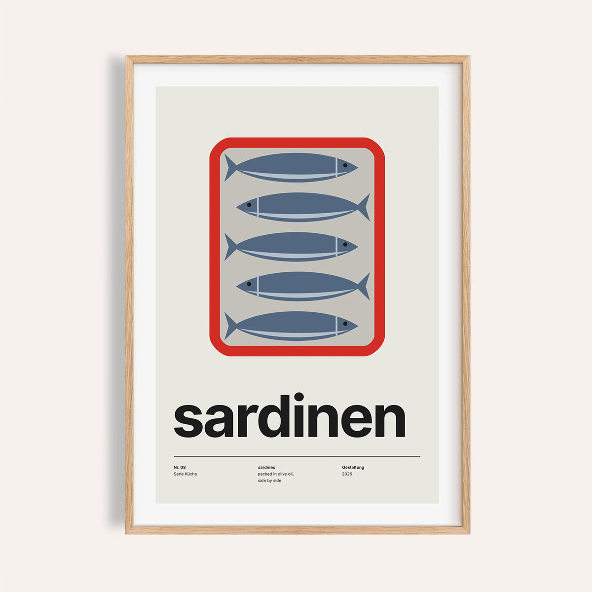 Open tin of sardines print shown on a plain warm wall