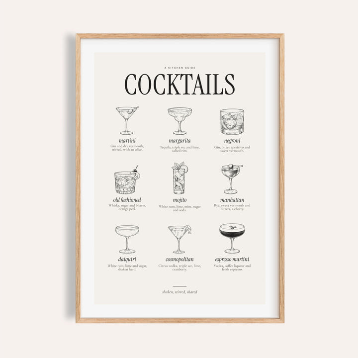 Types of cocktails print with nine engraved classic cocktails in black ink