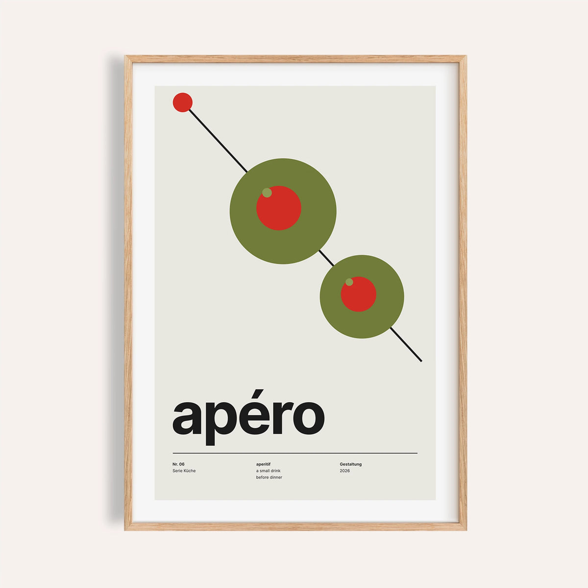 Two olives on a cocktail pick print shown on a plain warm wall