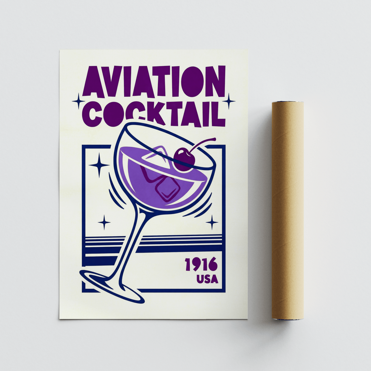 Aviation Cocktail Print lying flat with a brown packaging tube beside it on a grey surface