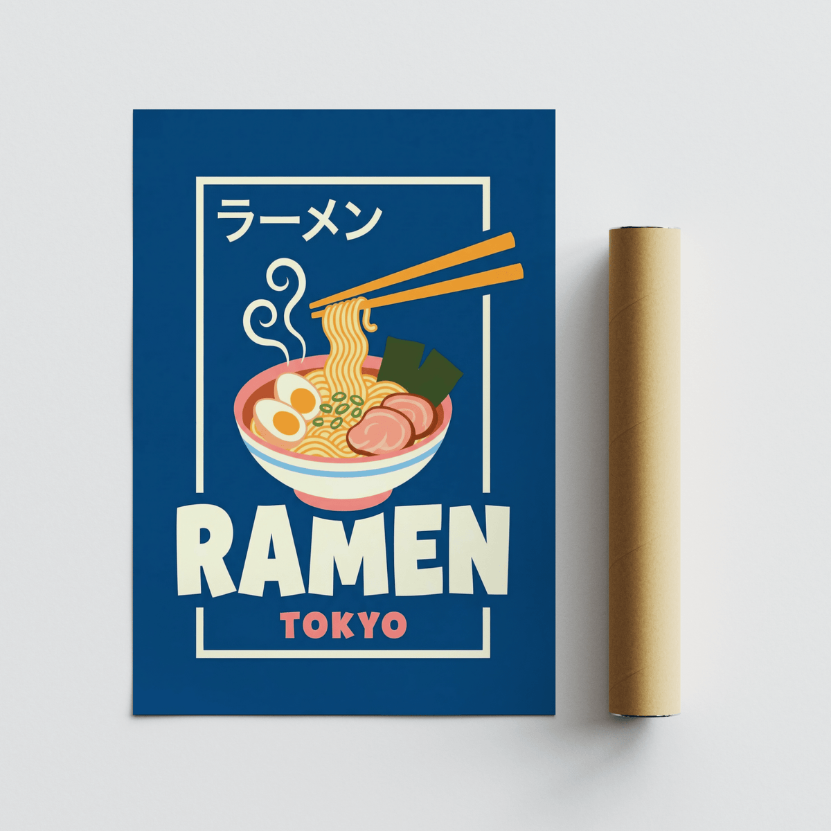 Ramen Poster flat print with a bowl of ramen illustration and packaging tube on a grey surface