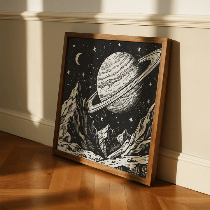 Framed Mountain Space Poster leaning against cream wall with sunlight on wooden floor