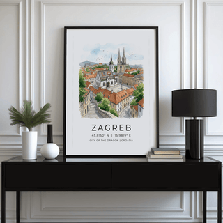 Zagreb City Art Print on a black console with lamp and plant in a white panelled room
