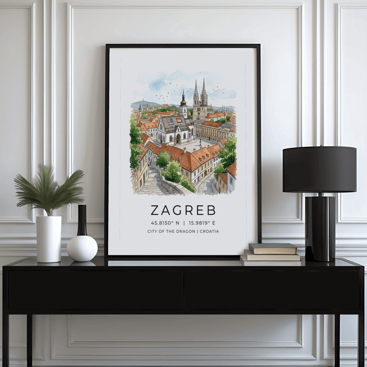 Zagreb City Art Print on a black console with lamp and plant in a white panelled room