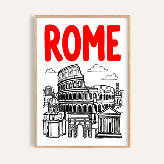 Framed Rome City Art Print with Colosseum and Roman buildings in black line-art and red text