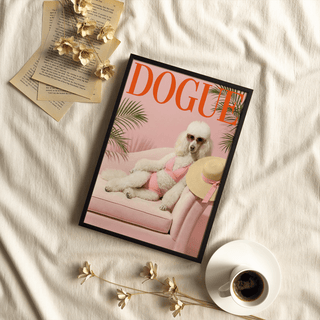 Framed Pink Poodle Print of a white poodle in a pink bikini with a straw hat on a pale pink sofa on a cream cloth background with coffee