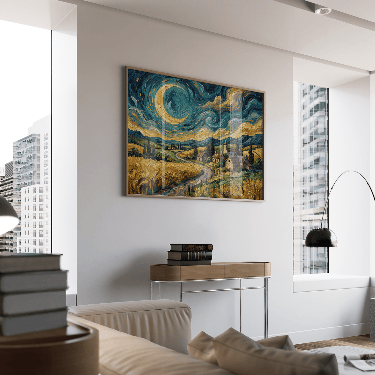 Impressionist home decor print of a swirling night village with blue and ochre tones in a living room above a console table