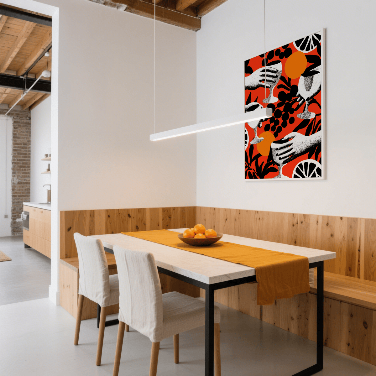 Print on a wall in a dining area with hands holding cocktail glasses in bold red orange and black colours