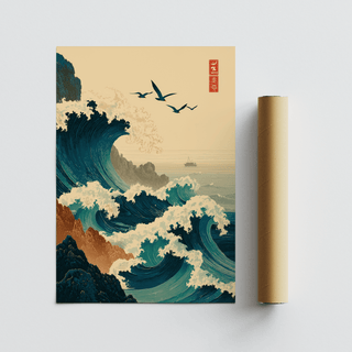 Japanese Wave Art Print rolled next to a brown packaging tube on a grey surface