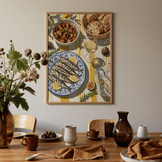 Mediterranean kitchen decor print of grilled sardines and lemon above a dining table with brown crockery