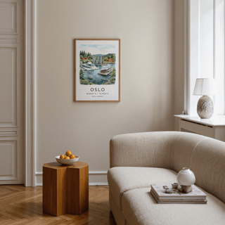 Oslo City Art Print watercolour illustration of an Oslo waterfront scene in a neutral living room with a wooden side table