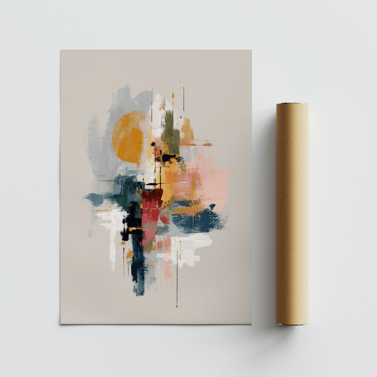 Colorful Wabi Sabi Print with abstract shapes in soft peach, blue and mustard lying flat beside a brown packaging tube
