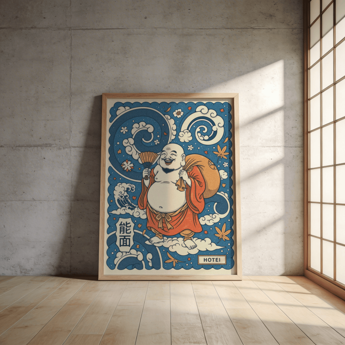 Hotei wall art leaning on a wooden floor against a concrete wall with sunlight and shoji window shadows