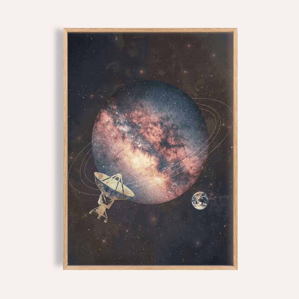 Framed Cosmic Art Print featuring an abstract space planet with a satellite dish in blue and pink tones