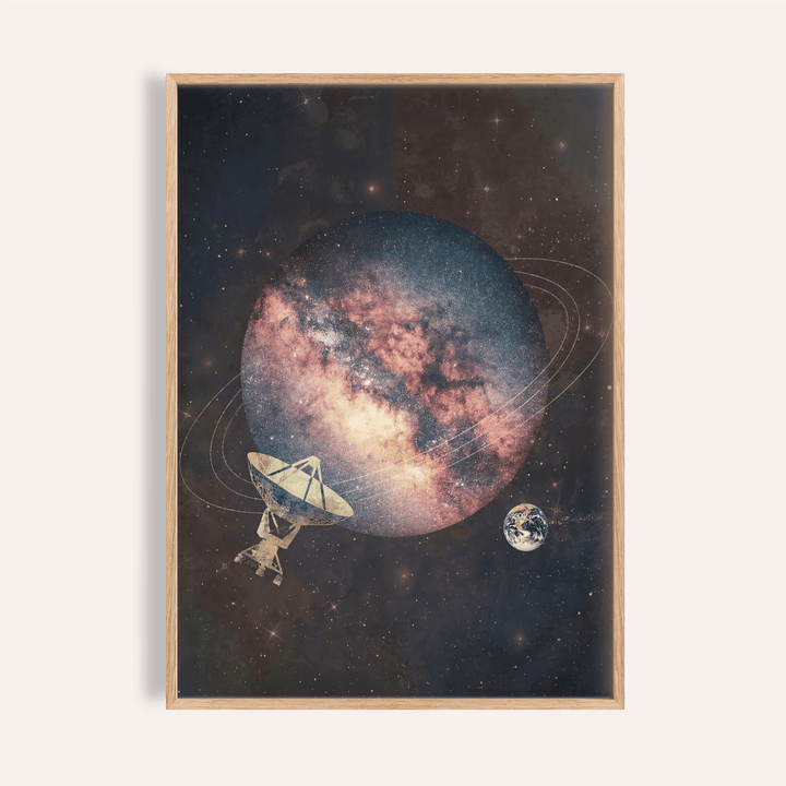 Framed Cosmic Art Print featuring an abstract space planet with a satellite dish in blue and pink tones