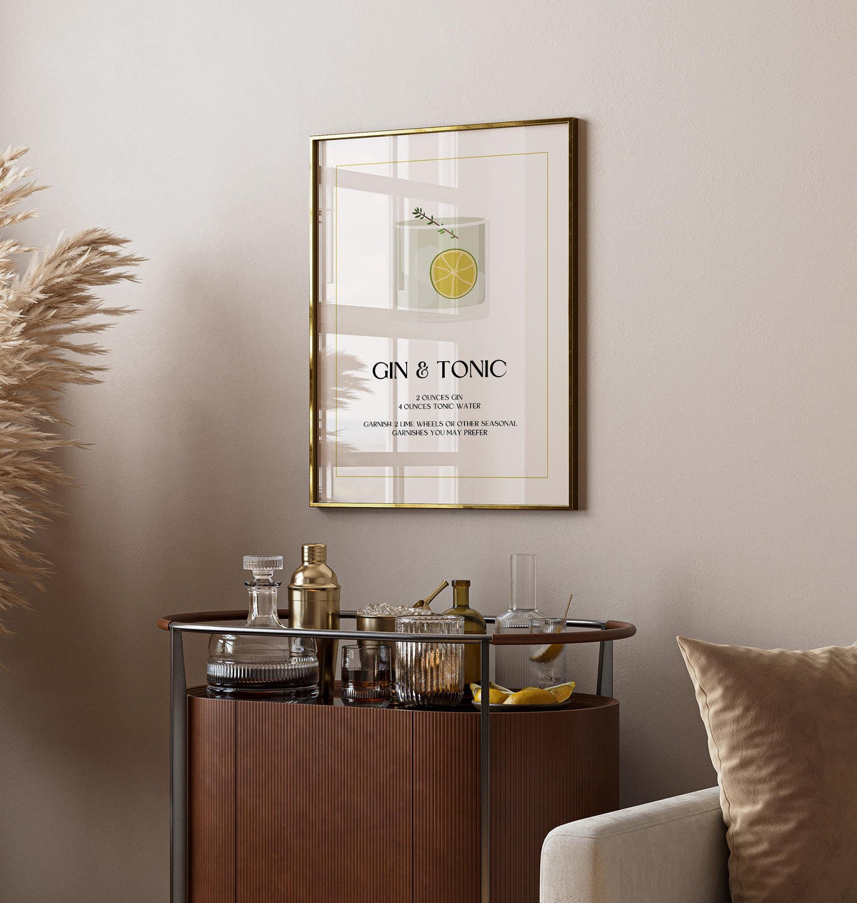 Gin and Tonic wall art with minimalist drink illustration framed above a drinks trolley in a living room