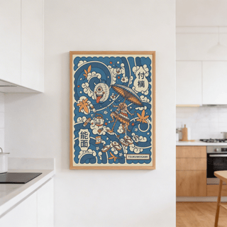 Tsukumogami art print with blue and orange spirits on a white wall in a kitchen