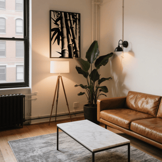 Print on a wall in a living room of bamboo stalks in black and white with a standing lamp nearby