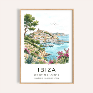Framed close-up of Ibiza Landscape Print with watercolour illustration of coastal town and sea