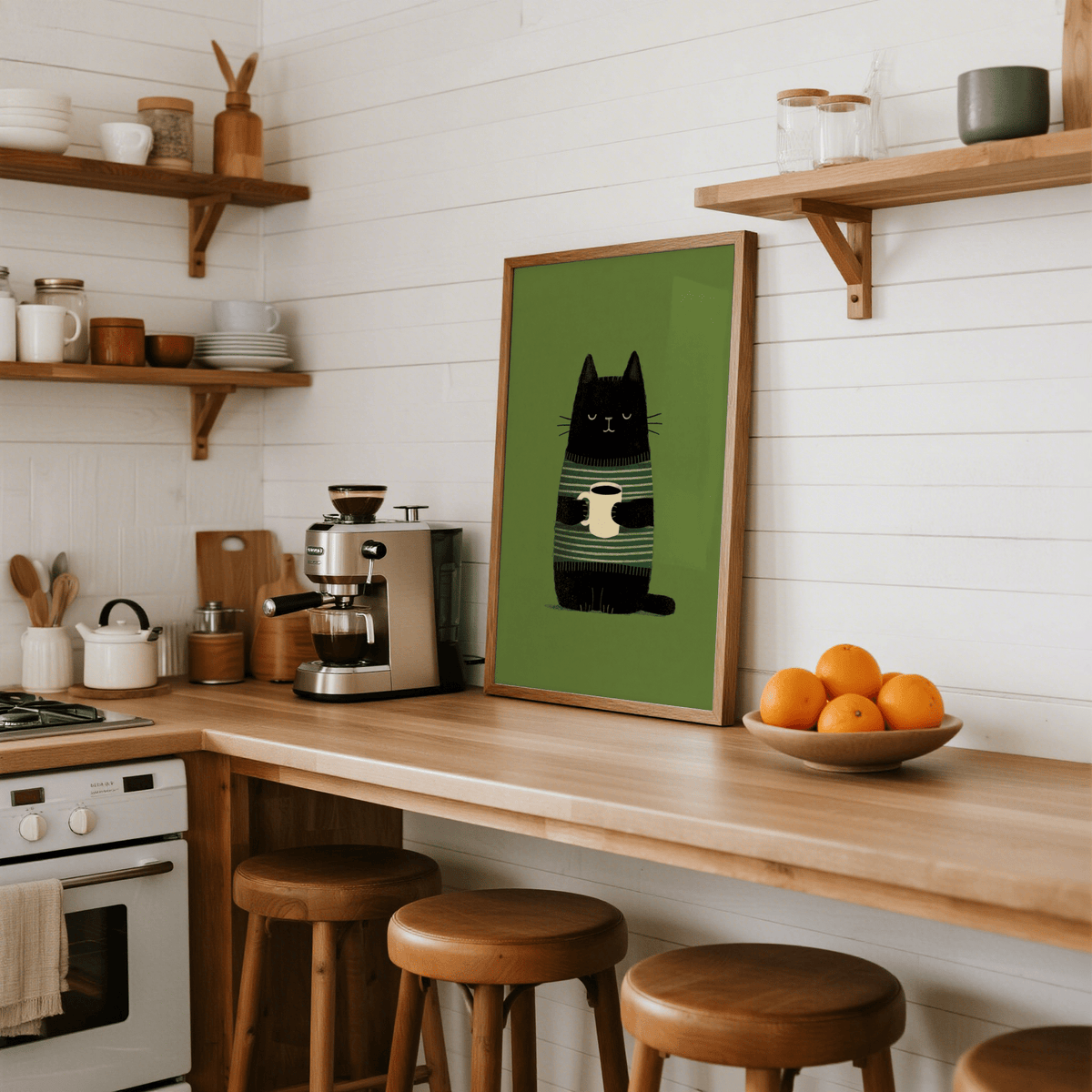 Cat Coffee wall art leaning on a kitchen counter with a coffee machine and a bowl of oranges
