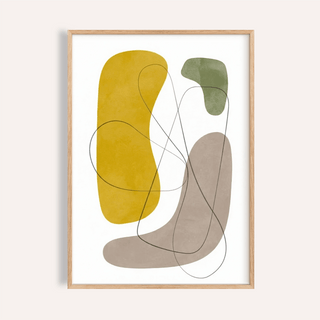 Framed print of modern abstract wall art with mustard yellow, olive green and beige organic shapes
